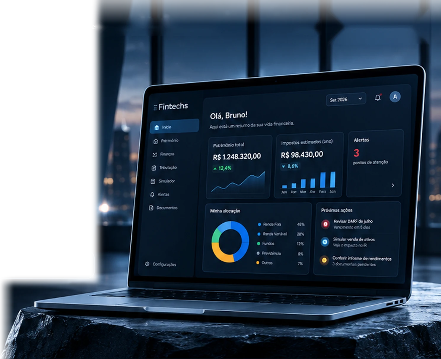 Notebook exibindo o painel da plataforma Fintechs com patrimônio, impostos estimados e alertas